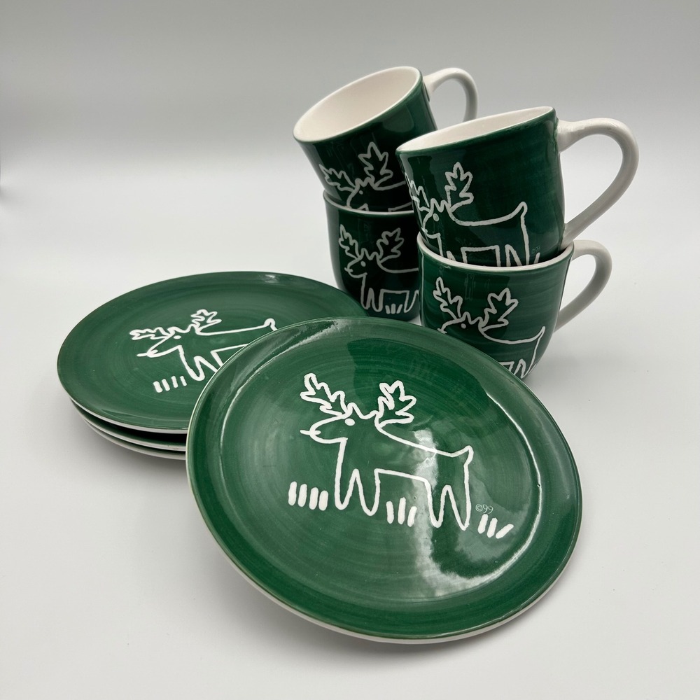 Caribou Coffee Reindeer Mug Plate Set Green White Handpainted 1999 Holiday 8pc